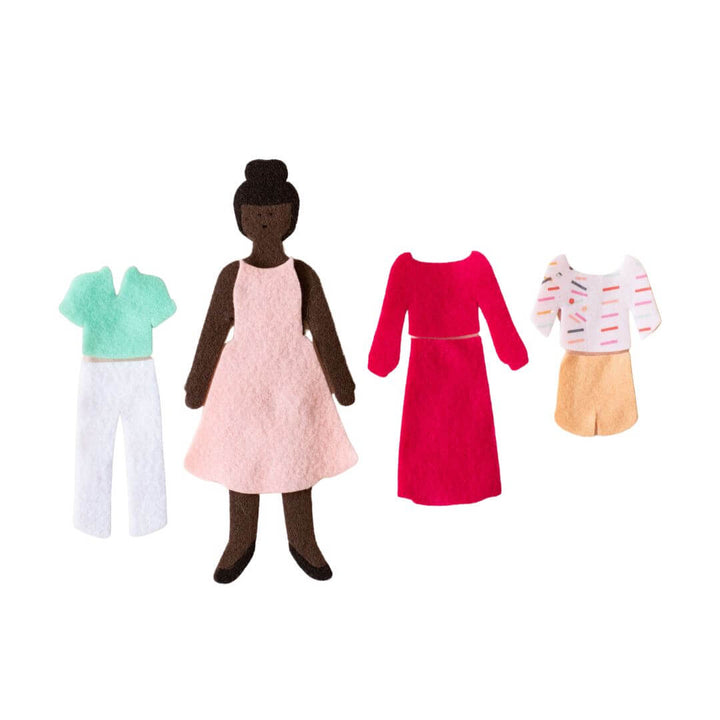 Lowercase Toys Felt doll with dark skin tone shown with interchangeable mint top, pink dress, red dress, and striped romper outfit.
