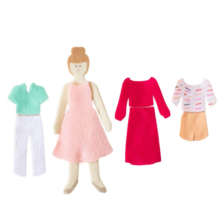 Lowercase Toys Felt doll with light skin tone shown with interchangeable mint top, pink dress, red dress, and striped romper outfit.