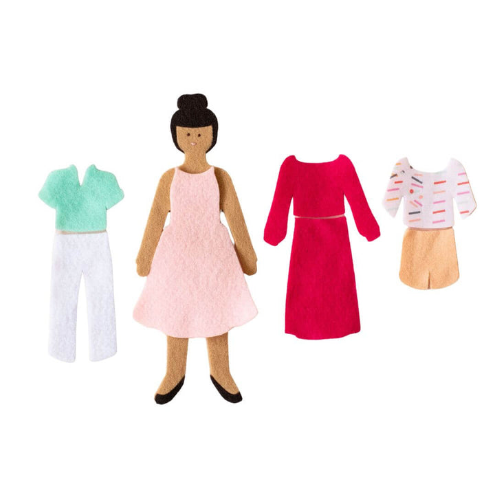 Lowercase Toys Felt doll with medium skin tone shown with interchangeable mint top, pink dress, red dress, and striped romper outfit.
