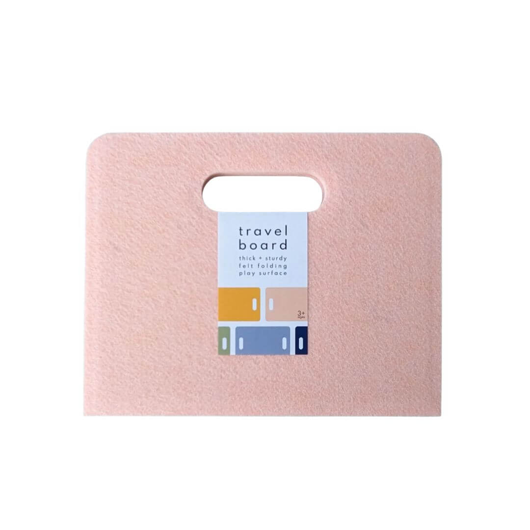Felt Travel Play Board from Lowercase Toys in peach with packaging label on front and a white background.