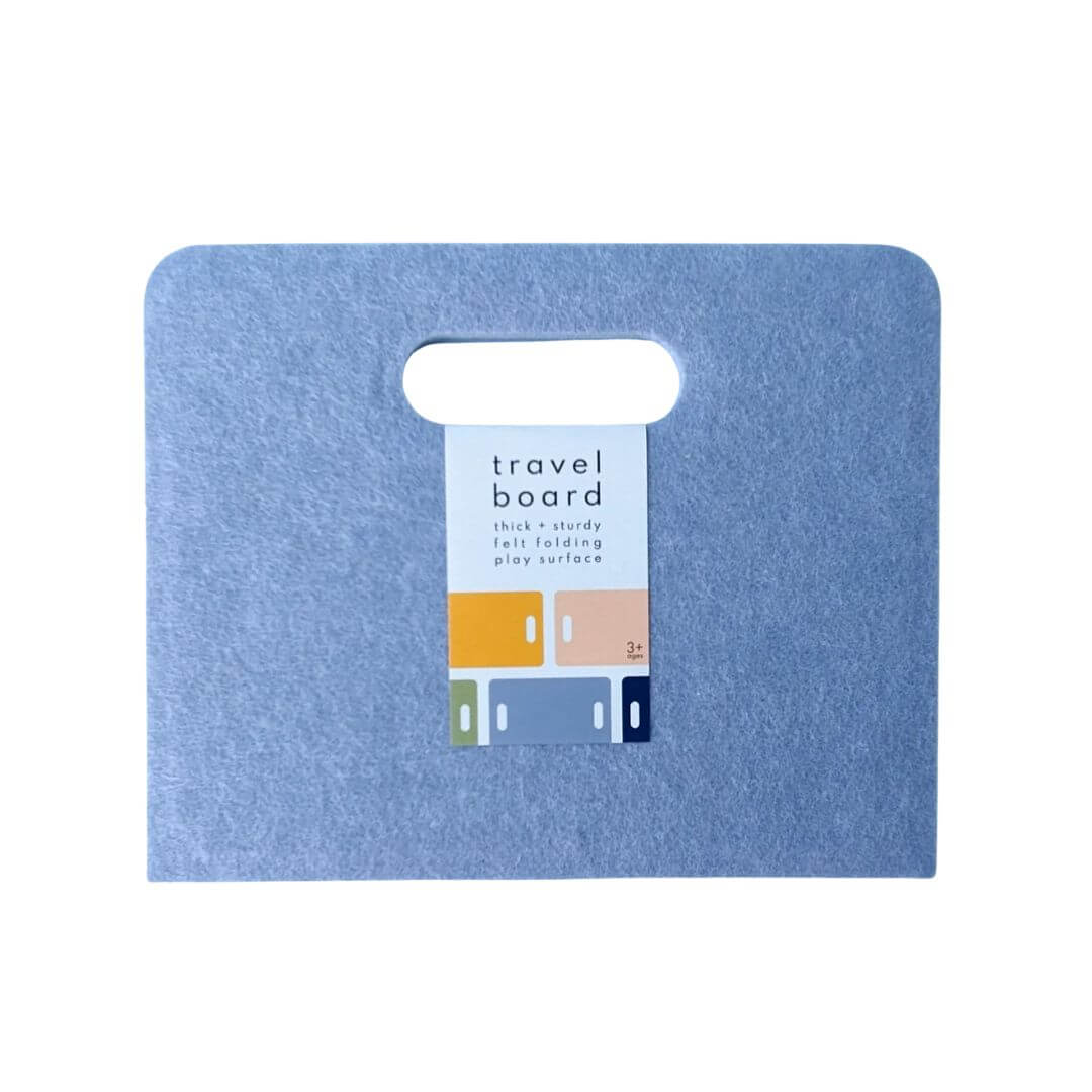 Felt Travel Play Board from Lowercase Toys in periwinkle with packaging label on front and a white background.