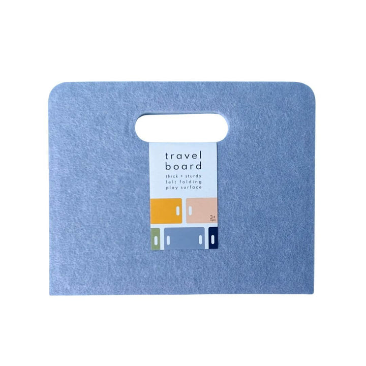Felt Travel Play Board from Lowercase Toys in periwinkle with packaging label on front and a white background.