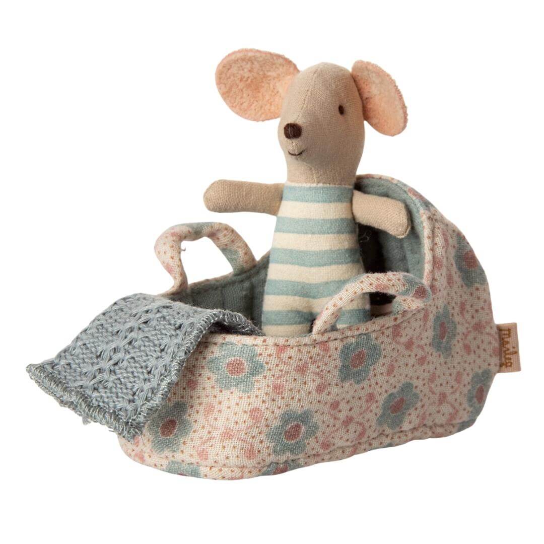 Maileg Baby Mouse Carry Cot in blue a floral baby carriage with a gray blanket on a white background. Bella Luna Toys
