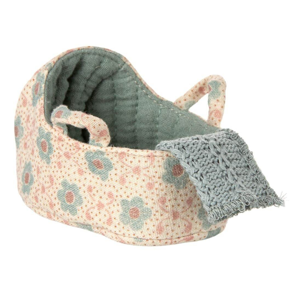 Floral-patterned Maileg Baby Mouse Carry Cot in blue with textured fabric on a white background. Bella Luna Toys