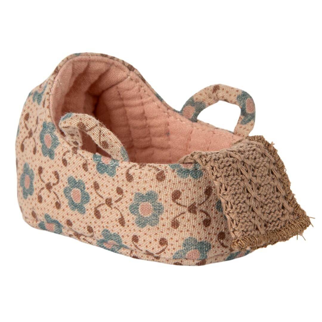 Maileg baby mouse carrycot in a rose floral pattern with tiny handles and a soft quilted interior and a knit blanket- Bella Luna Toys
