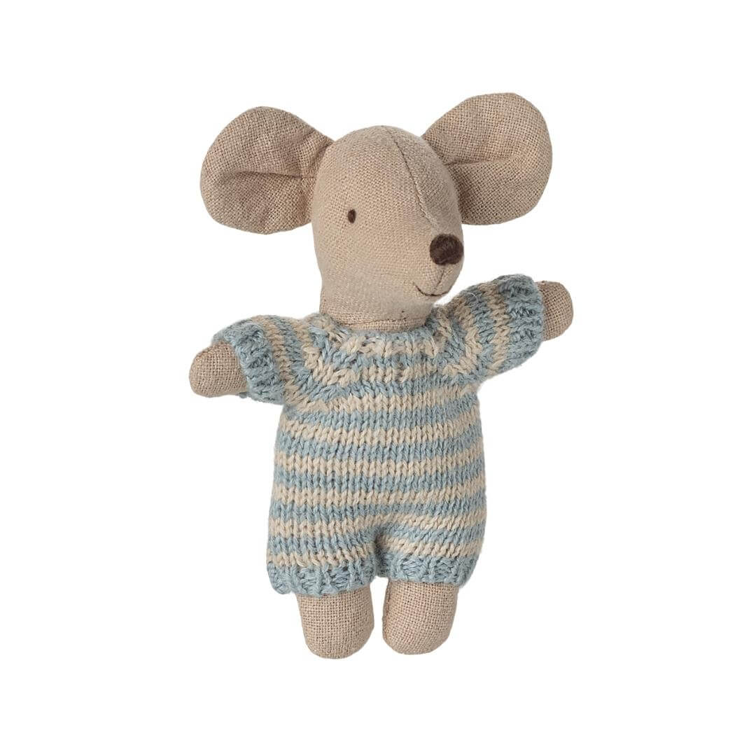 Maileg Baby Mouse wearing striped romper against a white background, a sweet toy for nurturing play – Bella Luna Toys.