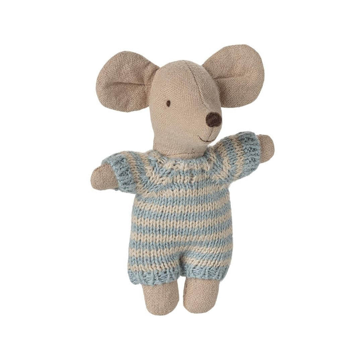 Maileg Baby Mouse wearing striped romper against a white background, a sweet toy for nurturing play – Bella Luna Toys.