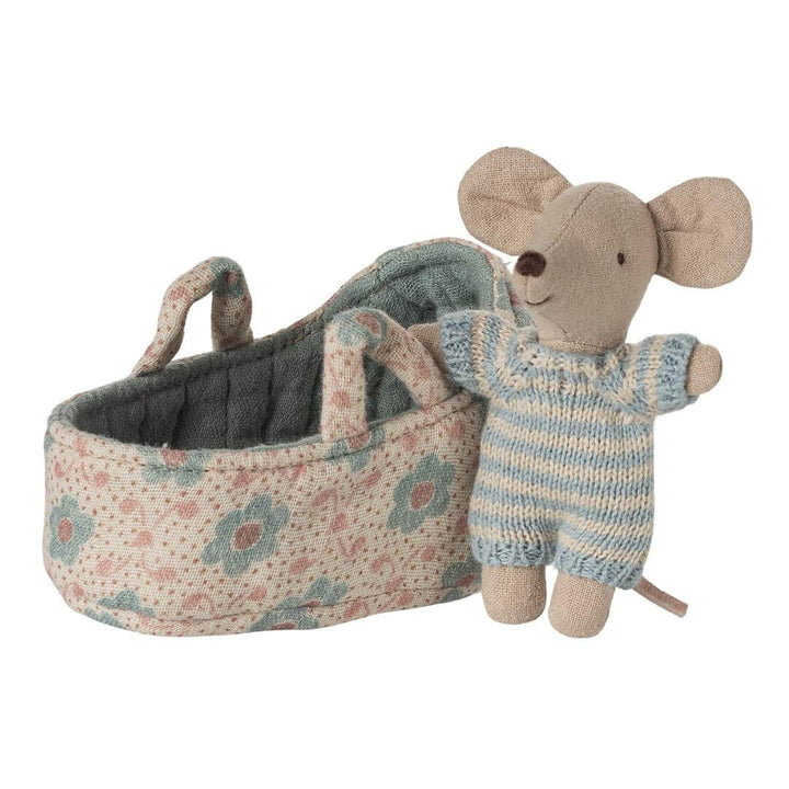 Maileg Baby Mouse beside a blue floral carrycot wearing striped romper, a sweet toy for nurturing play – Bella Luna Toys.