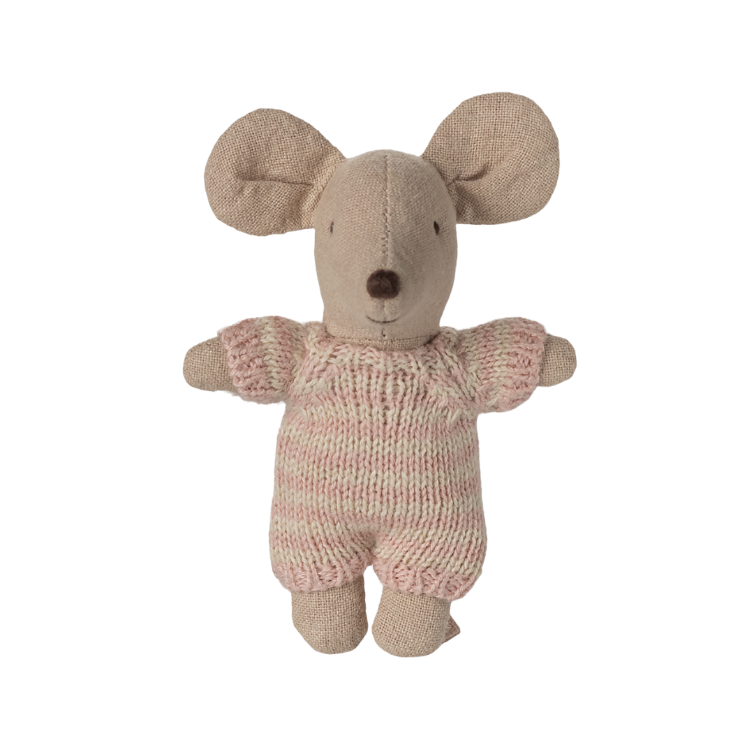 Maileg Baby Mouse in wearing rose and white striped romper against a white background, a sweet toy for nurturing play – Bella Luna Toys.