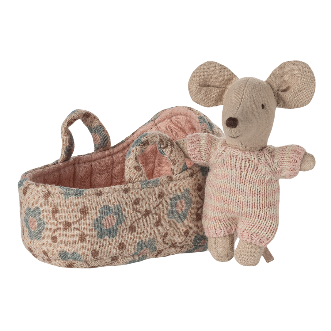 Maileg Baby Mouse beside a floral rose carrycot wearing striped romper, a sweet toy for nurturing play – Bella Luna Toys.