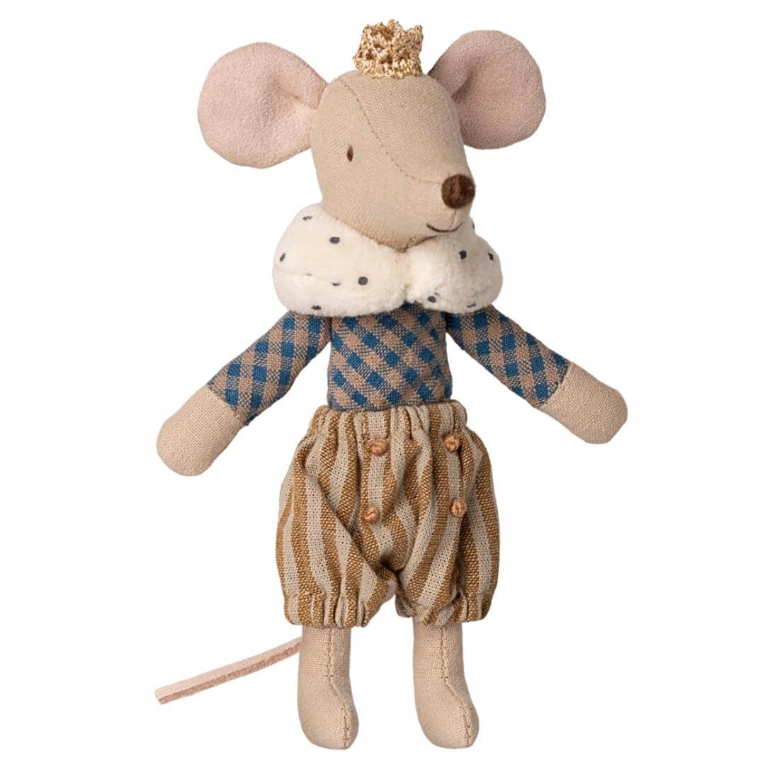 Maileg Big Brother Prince Mouse wearing a faux-fur capelet, patterned trousers, and a stitched golden crown. Bella Luna Toys