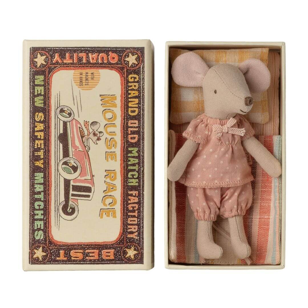 Maileg Big Sister Mouse in a matchbox wearing soft pink polka dotted pajamas. - Bella Luna Toys