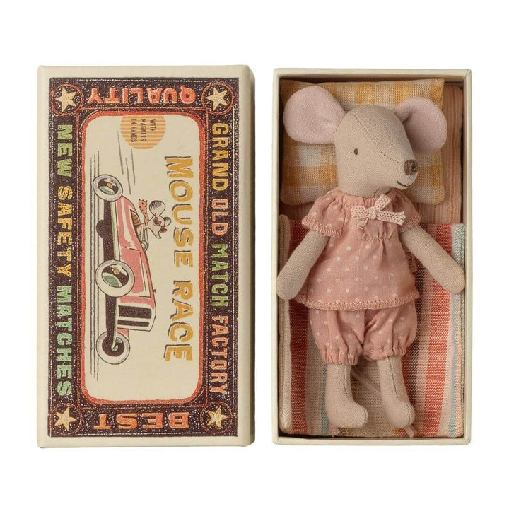 Maileg Big Sister Mouse in a matchbox wearing soft pink polka dotted pajamas. - Bella Luna Toys