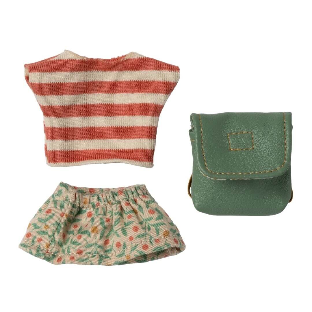 Maileg - Striped top, floral skirt, green bag - Clothes and bag, Big sister mouse - Bella Luna Toys