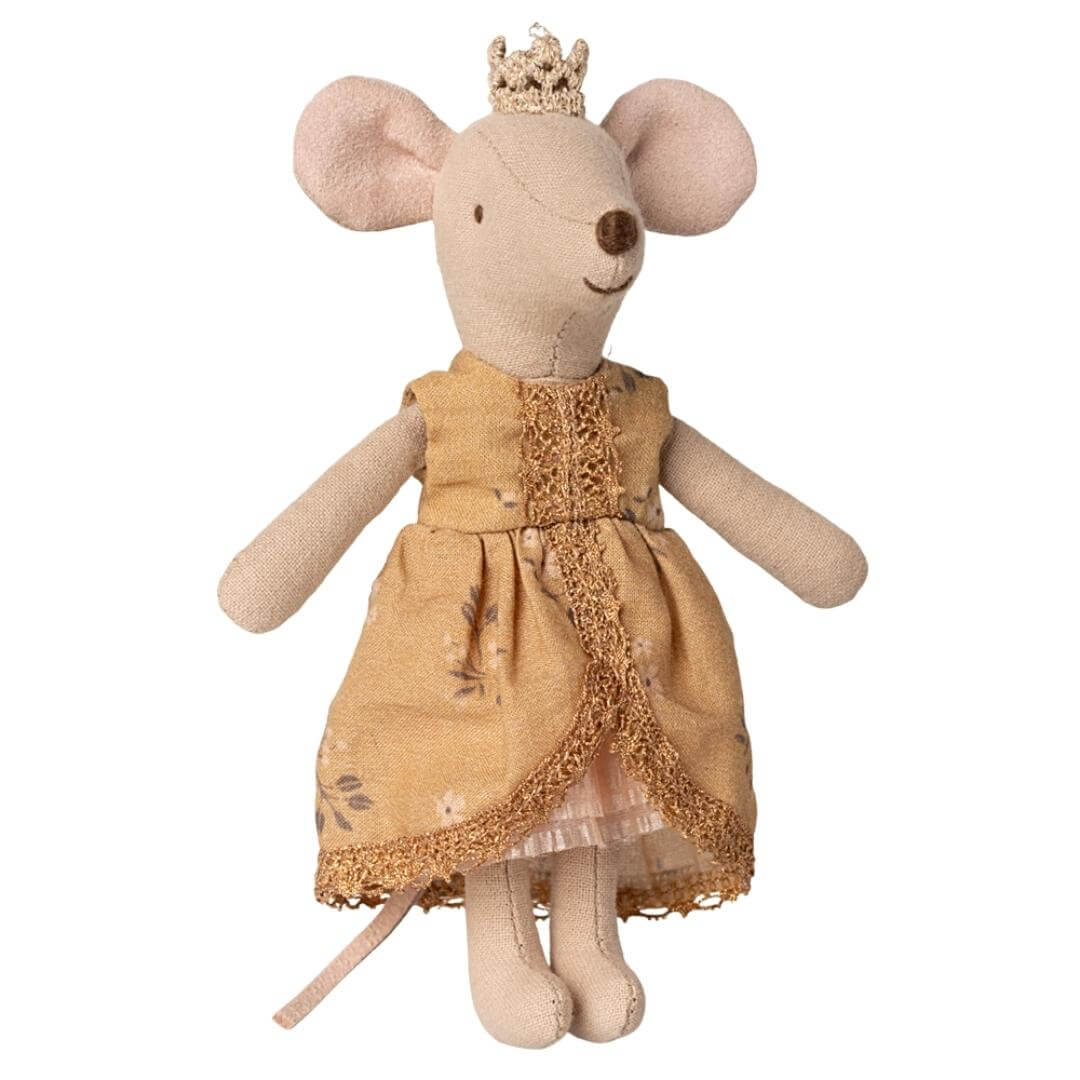 Maileg Big Sister Princess Mouse wearing a golden dress and small crown.- Bella Luna Toys