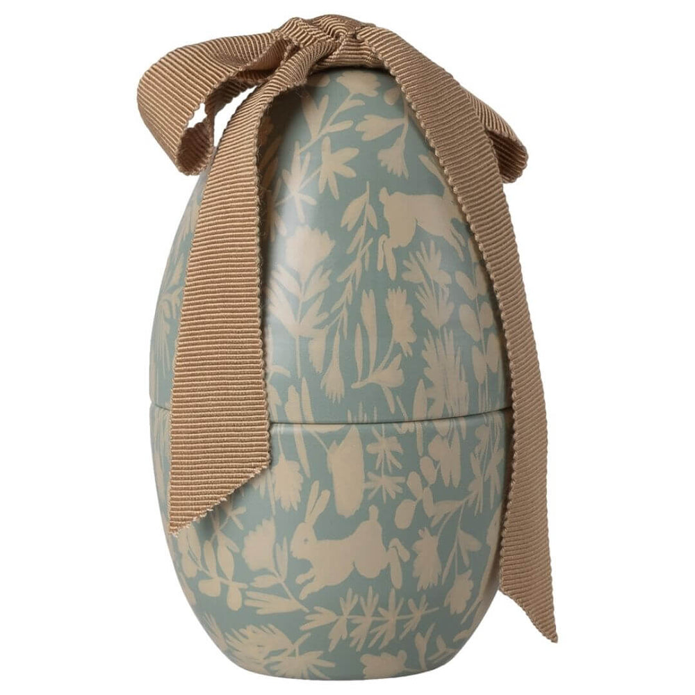 Maileg small metal Easter egg in mint with a delicate toile print and coordinating fabric bow. - Bella Luna Toys