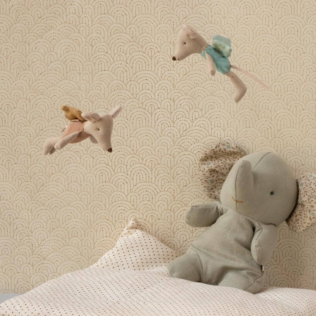 Maileg Fairy Mice flying above bed with stuffed elephant – Bella Luna Toys