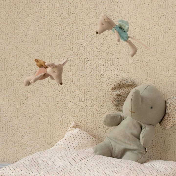 Maileg Fairy Mice flying above bed with stuffed elephant – Bella Luna Toys