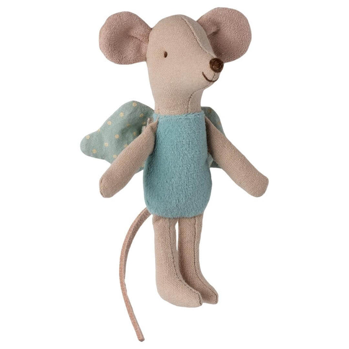 Close-up of Maileg Fairy Mouse with turquoise body suit, wings against a white background – Bella Luna Toys