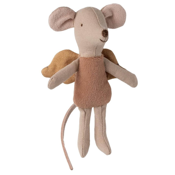 Close-up of Maileg Fairy Mouse with powder body suit and gold wings against a white background – Bella Luna Toys