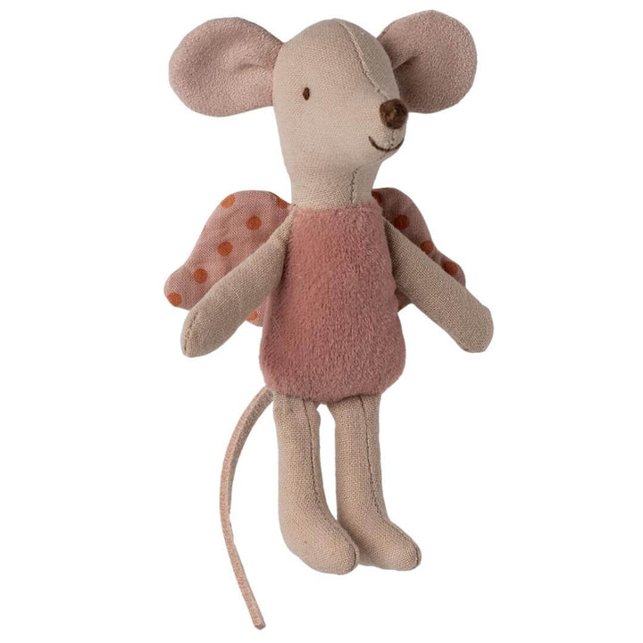 Close-up of Maileg Fairy Mouse with rose body suit and salmon and pink polka dot wings against a white background – Bella Luna Toys