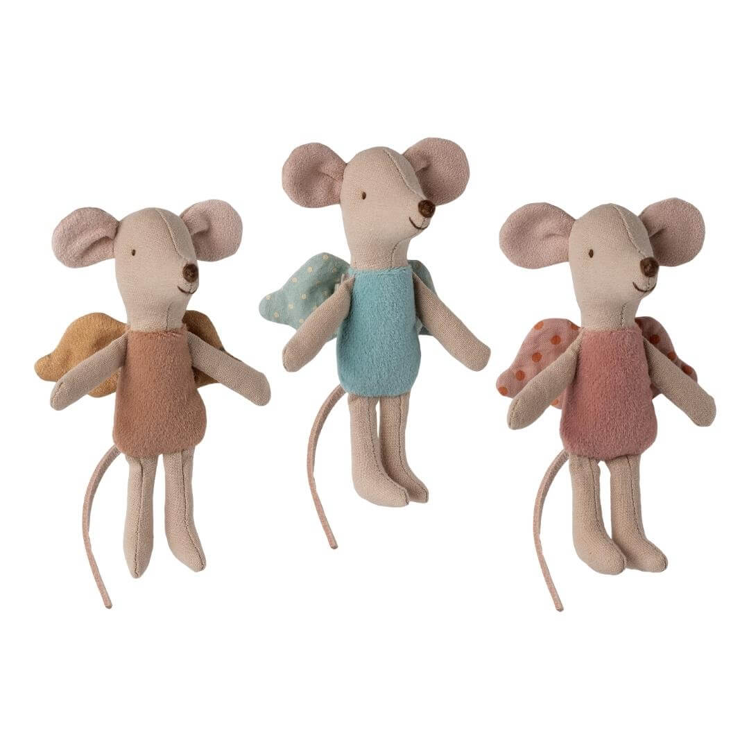 Trio of Maileg Fairy Mice in assorted colors of outfits and wings – Bella Luna Toys