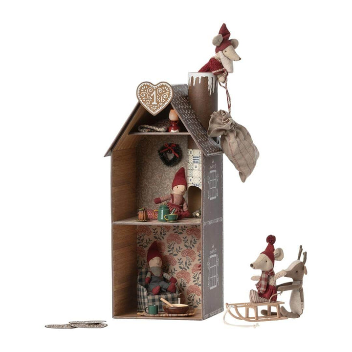 Maileg Gingerbread House with Fireplace and showing a variety of Maileg mice and decorations – Bella Luna Toys