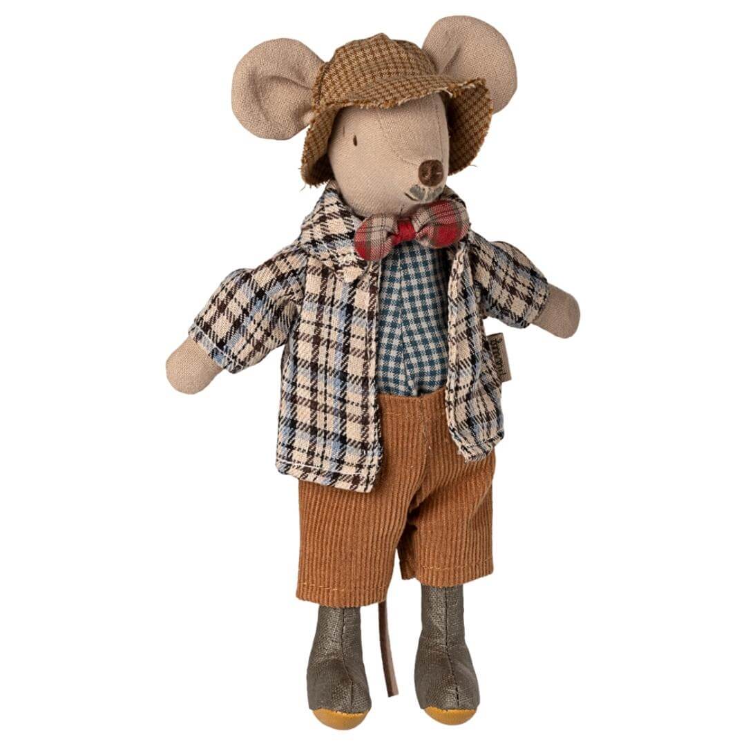 Maileg Granddad Mouse wearing a checkered jacket, bow tie, trousers, hat, and rubber boots, shown standing with magnetic handsBella Luna Toys