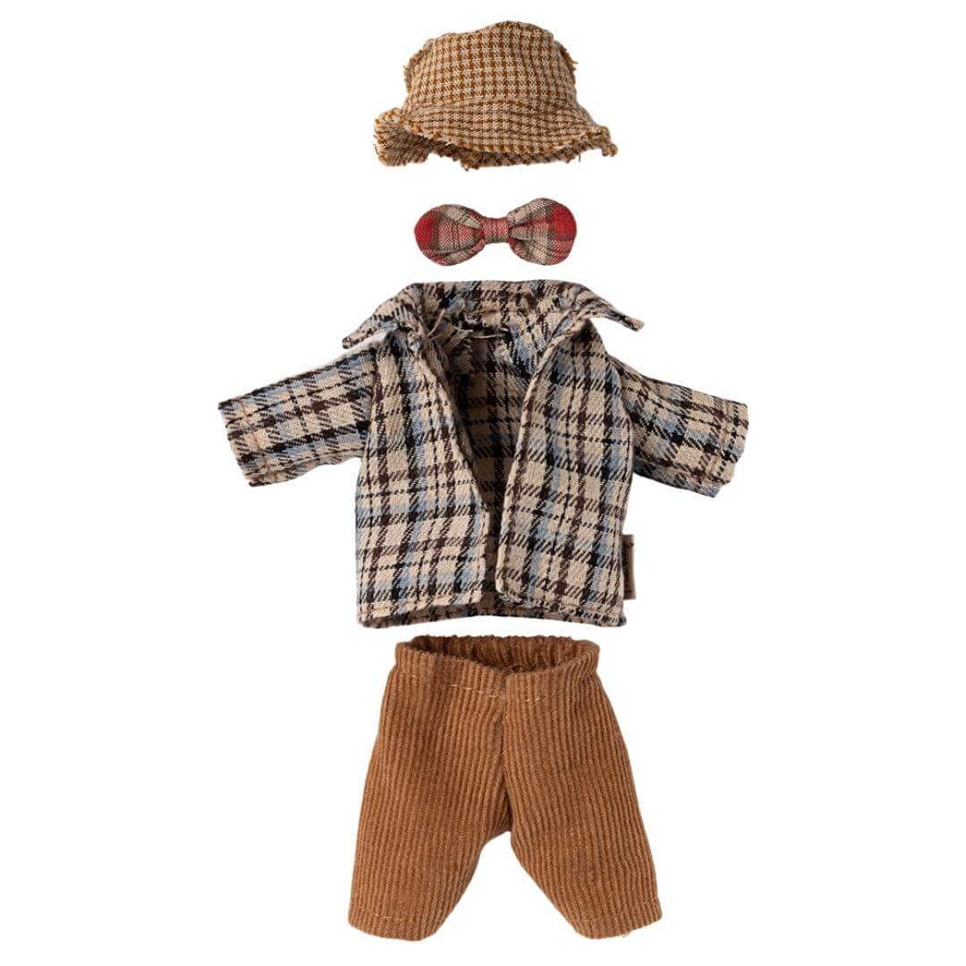 Maileg Grandfather Mouse clothes set with woven hat, bow tie, checkered jacket, and corduroy trousers arranged on a white background.” - Bella Luna Toys