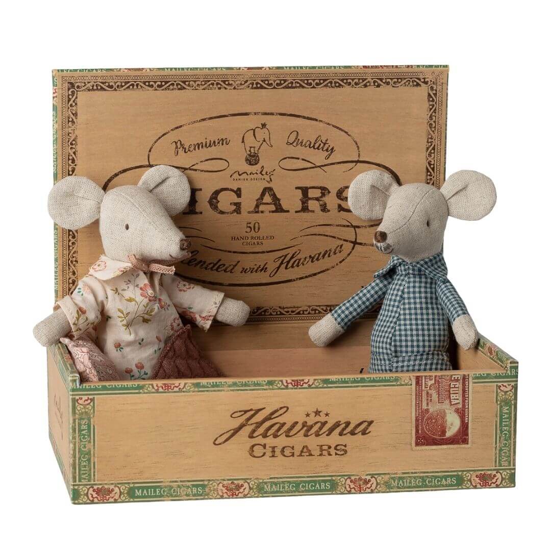 Maileg Grandma and Grandpa mice in cigar box bed wearing floral nightgown and gingham pajamas sitting upright in their cigar box bed- Bella Luna Toys