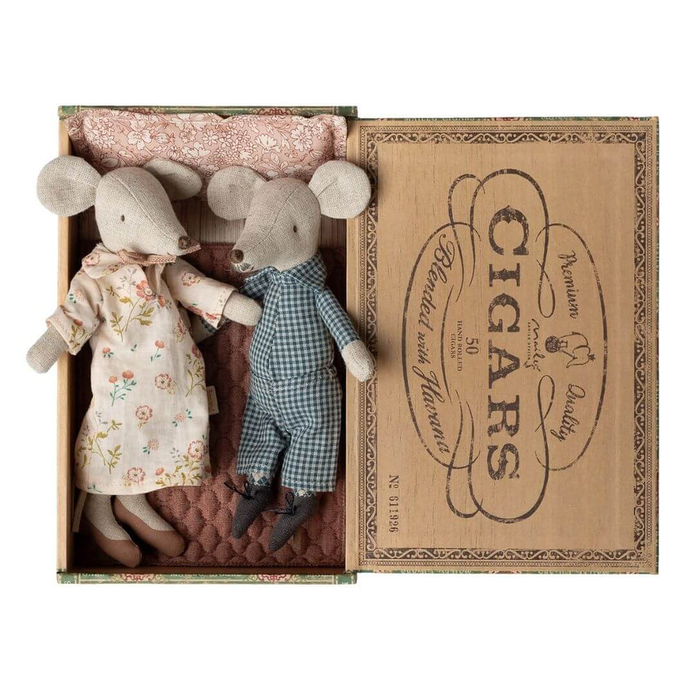 Maileg Grandma and Grandpa mice in cigar box bed wearing floral nightgown and gingham pajamas with slippers. - Bella Luna Toys