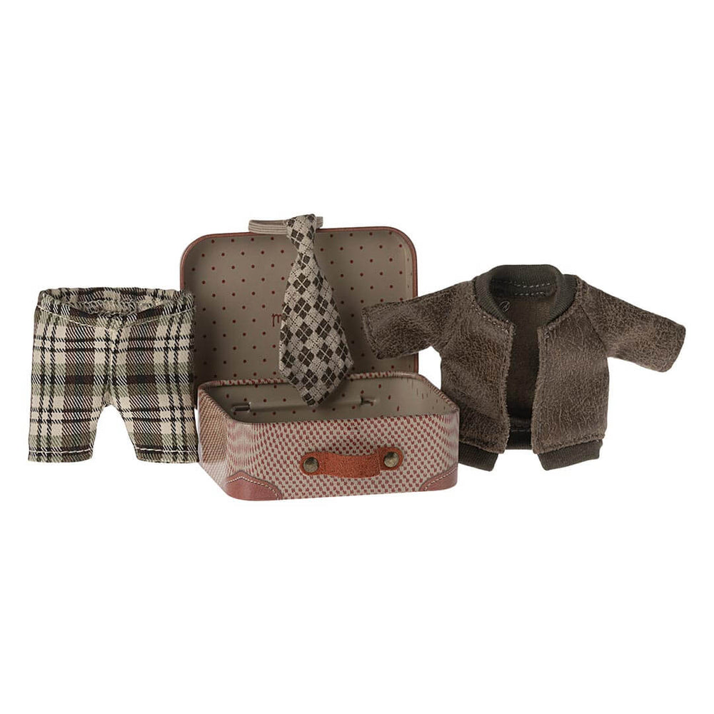 Maileg Jacket Pants and Tie for Grandpa Mouse with suitcase open