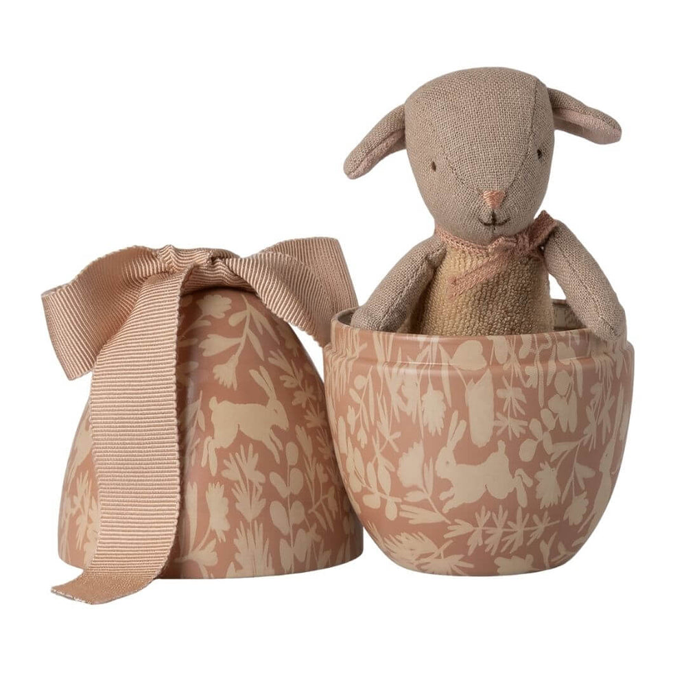 Maileg powder metal Easter egg with floral pattern and ribbon bow, featuring small stuffed lamb inside