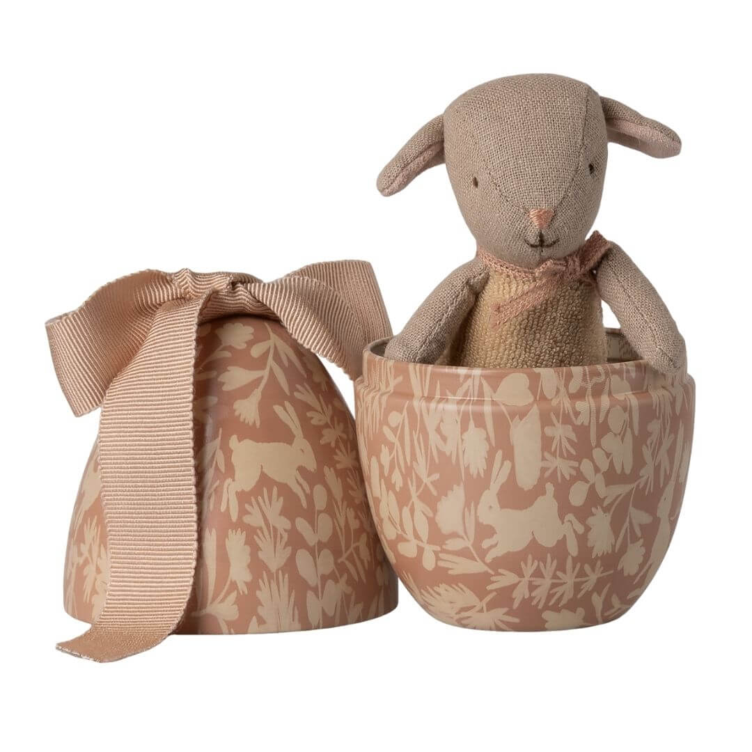 Maileg powder metal Easter egg with floral pattern and ribbon bow, featuring small stuffed lamb inside