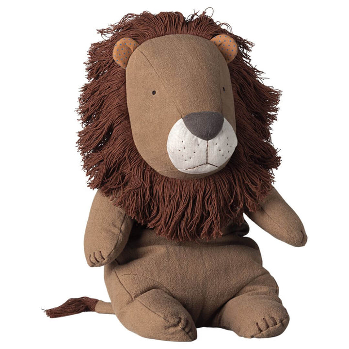 Maileg Big Lion plush toy sitting upright, showing its soft brown body, full textured mane, and gentle embroidered face. Bella Luna Toys