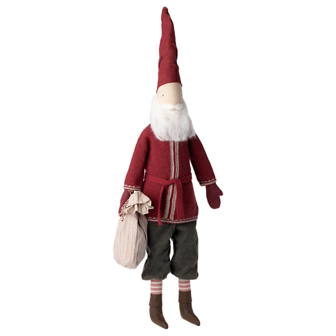 Maileg Large Santa standing 43 inches tall, wearing a knit sweater, belt, casual pants, and holding a fabric sack. Bella Luna Toys
