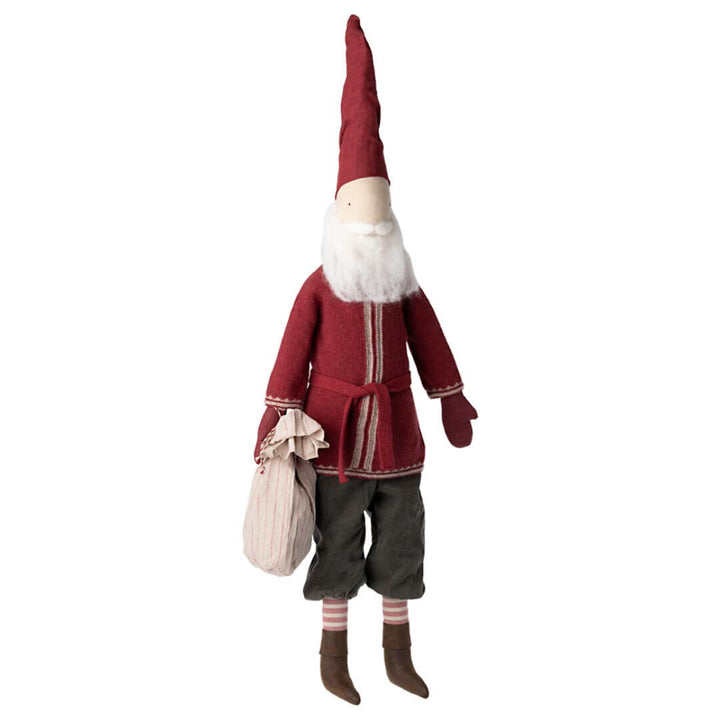Maileg Large Santa standing 43 inches tall, wearing a knit sweater, belt, casual pants, and holding a fabric sack. Bella Luna Toys