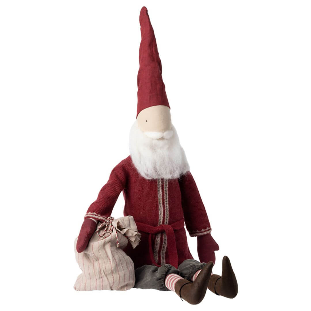 Maileg Large Santa seated, wearing a knit sweater, belt, casual pants, and holding a fabric sack. Bella Luna Toys