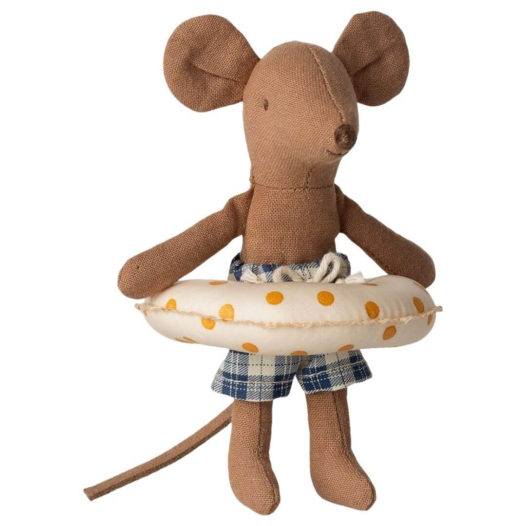 Maileg - Little Brother Mouse with plaid swim trunks and polka dot innertube - Bella Luna Toys