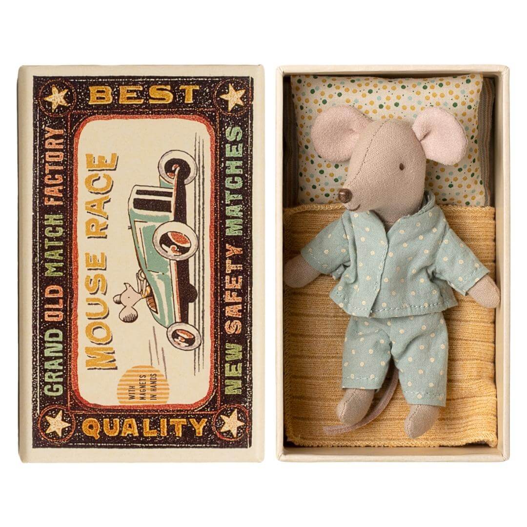 Maileg Little Brother Mouse in blue pajamas tucked in a vintage-style matchbox bed with blanket and pillow – Bella Luna Toys.