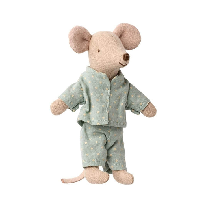 Maileg Little Brother Mouse in blue pajamasagainst a white background – Bella Luna Toys.