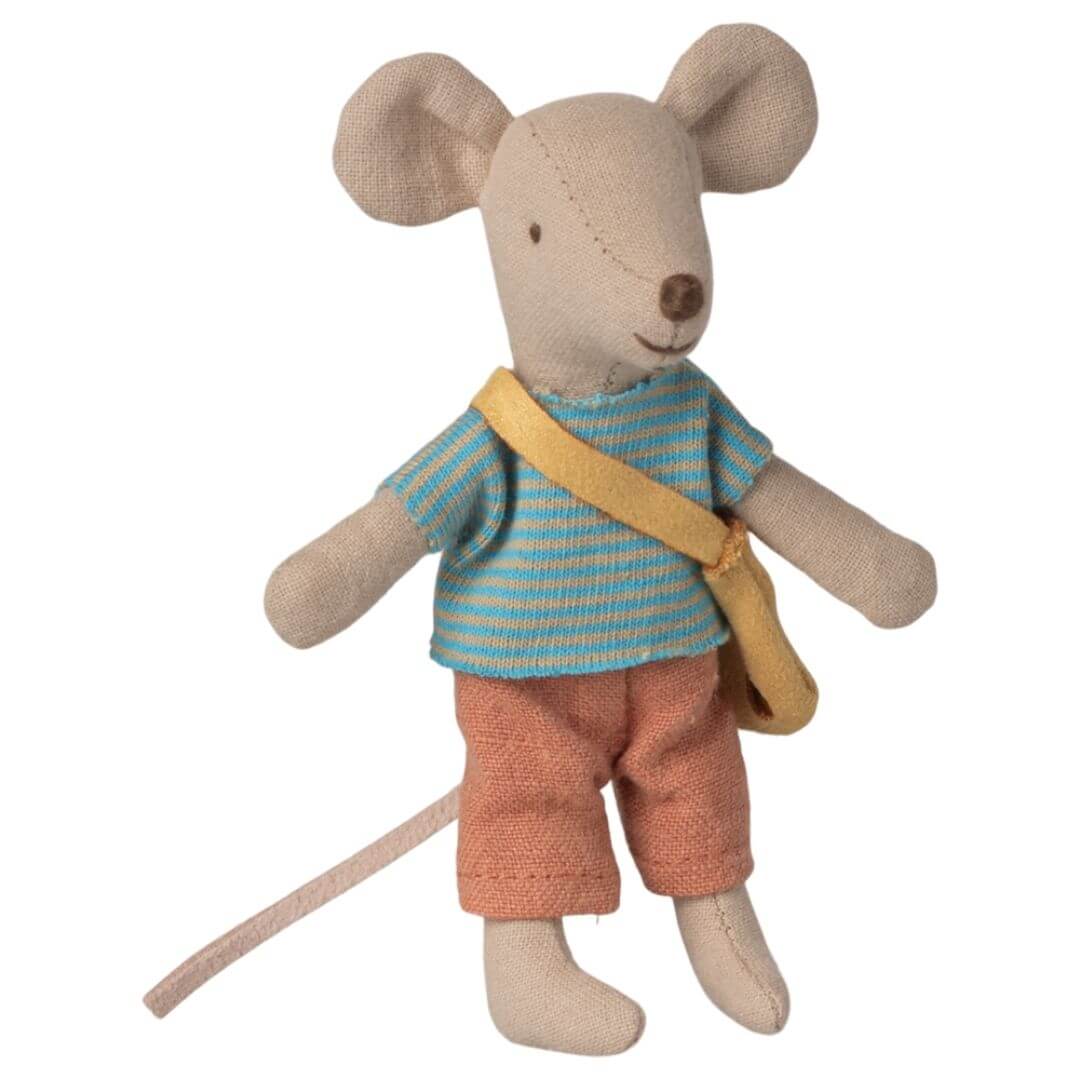 Maileg - Maileg Little Brother Mouse wearing a striped top, shorts, and yellow cheese bag standing against a light background. - Bella Luna Toys