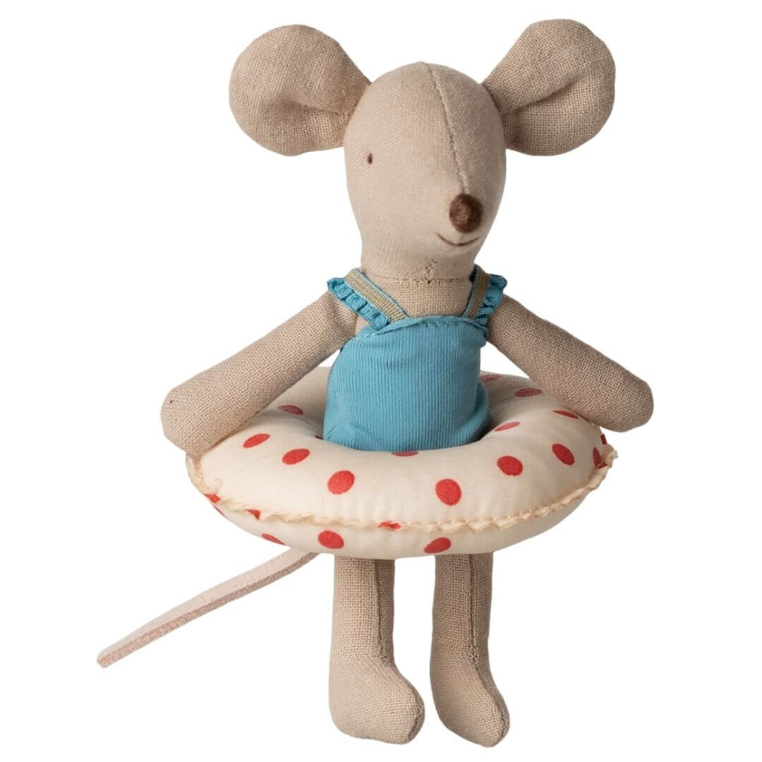 Maileg Little Sister Beach Mouse with a blue dress and life preserver on a white background