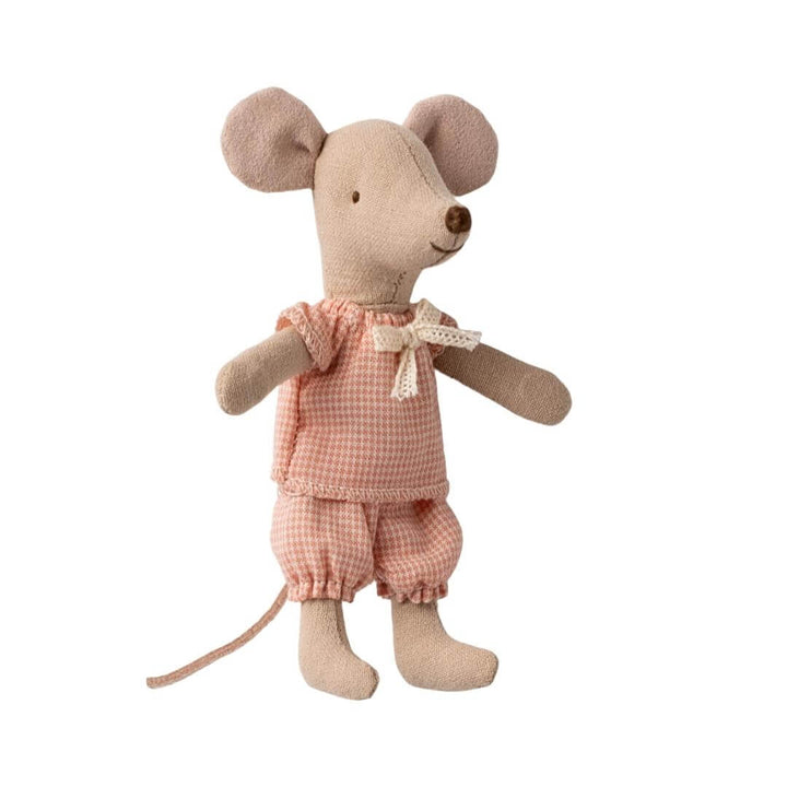 Maileg - Little sister mouse wearing gingham pajamas against a white background - Bella Luna Toys