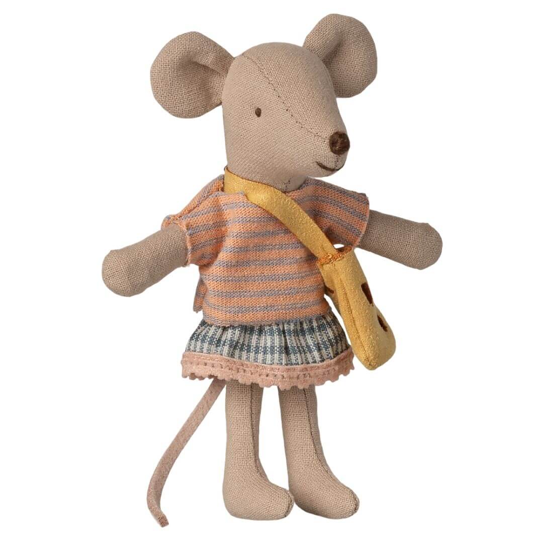 Maileg - Maileg Little Sister Mouse wearing a striped top, patterned skirt, and yellow cheese bag standing against a light background - Bella Luna Toys
