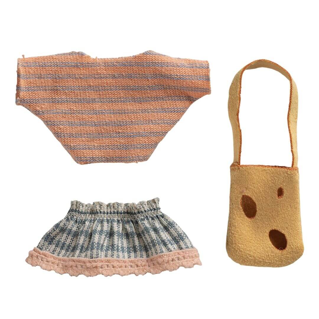 Maileg - Maileg Little Sister Mouse clothing set featuring a striped top, patterned skirt, and small cheese bag accessory against a light background - Bella Luna Toys