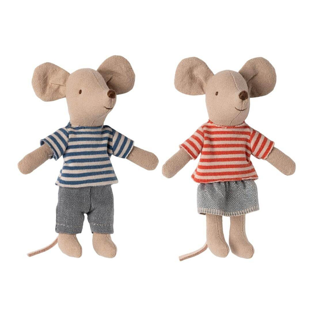 Maileg LouieMax and Stella mice in striped shirts, Little Brother and Sister size, shown togetherwith a white background. Bella Luna Toys