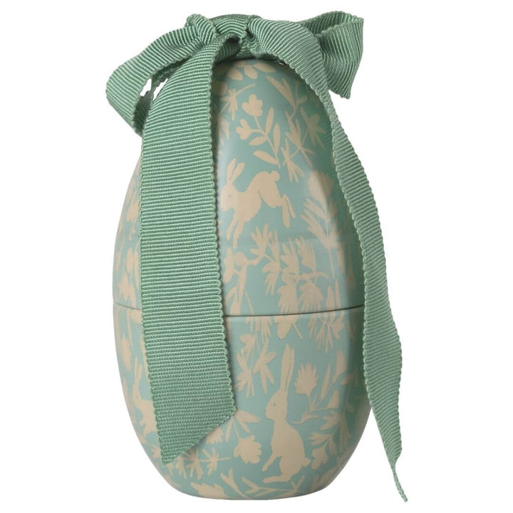 Maileg small metal Easter egg in dusty blue with a delicate toile print and coordinating fabric bow. - Bella Luna Toys- Bella Luna Toys