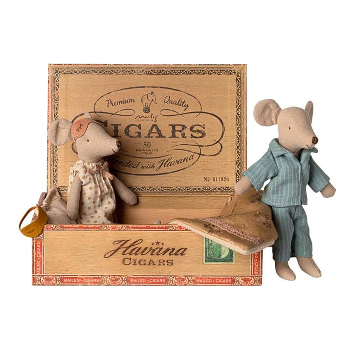 Maileg Mom and Dad Mouse in vintage-style cigar box bed with pajamas and blanket, from Bella Luna Toys.