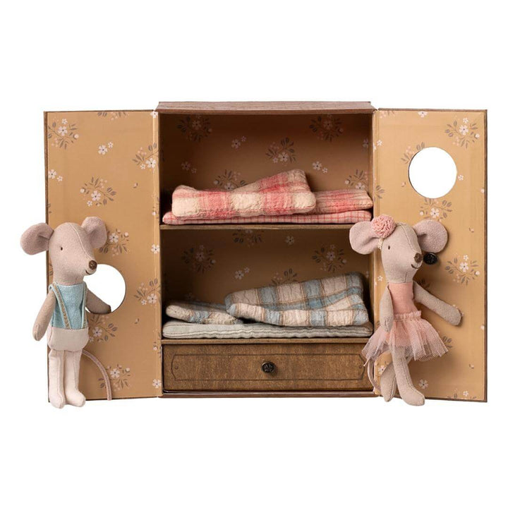 Maileg Ballet Studio playset shoing the bunkbeds with comfotable mattresses and bedding and little brother and little sister on either door – Bella Luna Toys